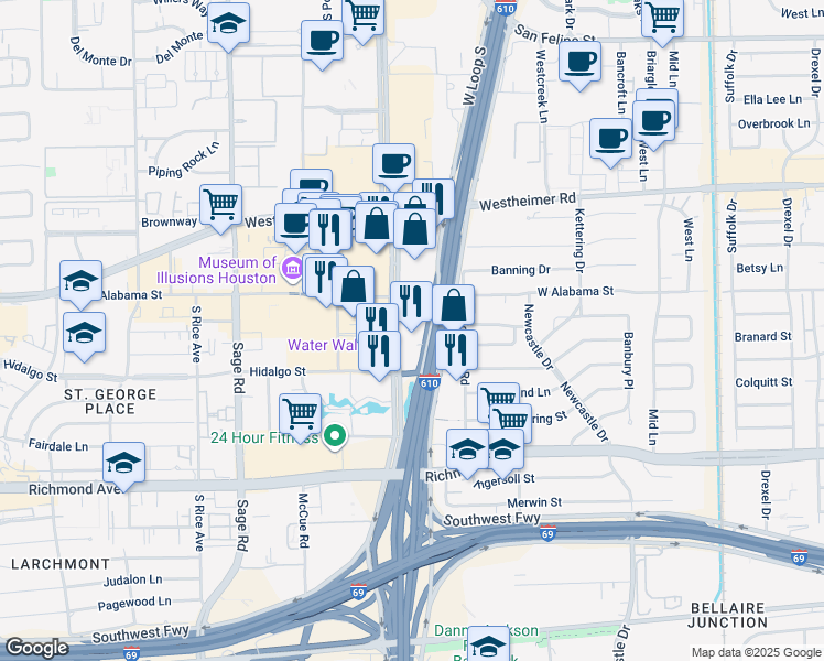 map of restaurants, bars, coffee shops, grocery stores, and more near 2801 Post Oak Boulevard in Houston
