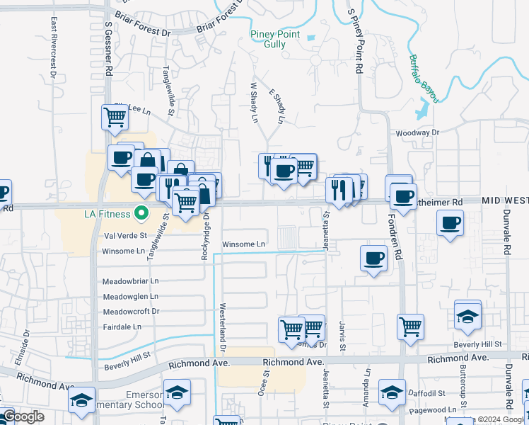 map of restaurants, bars, coffee shops, grocery stores, and more near 9400 Westheimer Road in Houston