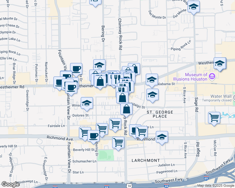 map of restaurants, bars, coffee shops, grocery stores, and more near 5727 Westheimer Road in Houston