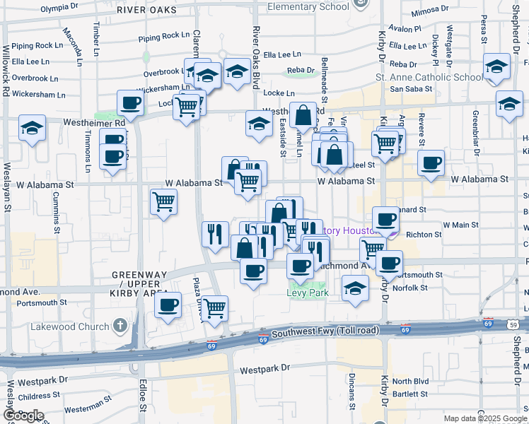 map of restaurants, bars, coffee shops, grocery stores, and more near 3131 Eastside Street in Houston