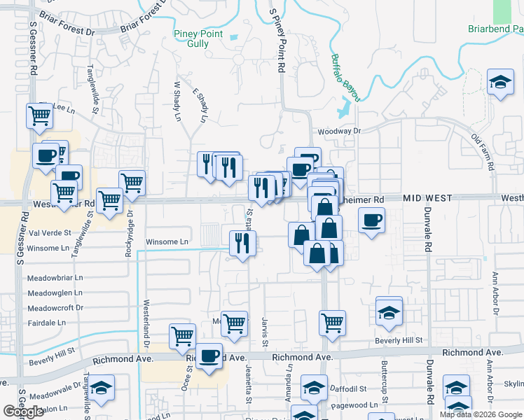 map of restaurants, bars, coffee shops, grocery stores, and more near in Houston