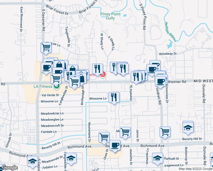 map of restaurants, bars, coffee shops, grocery stores, and more near 9407 Westheimer Road in Houston