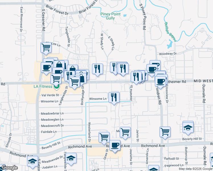map of restaurants, bars, coffee shops, grocery stores, and more near 9400 Westheimer Road in Houston