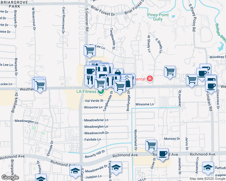 map of restaurants, bars, coffee shops, grocery stores, and more near 9555 Westheimer Road in Houston
