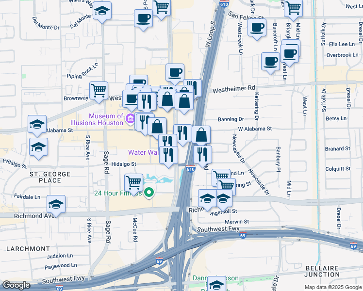map of restaurants, bars, coffee shops, grocery stores, and more near 2929 Post Oak Boulevard in Houston