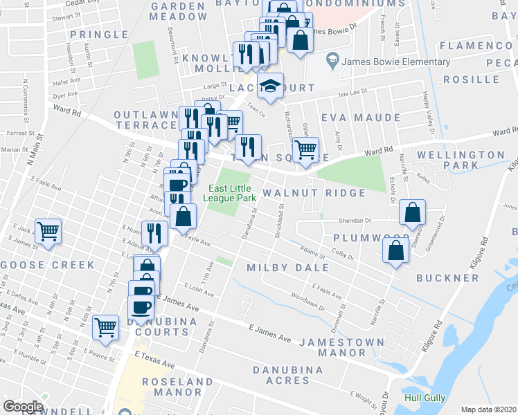 map of restaurants, bars, coffee shops, grocery stores, and more near 1300 Jefferson Street in Baytown