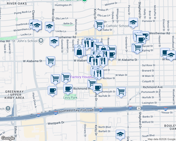 map of restaurants, bars, coffee shops, grocery stores, and more near 3102 Kirby Drive in Houston