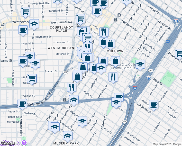 map of restaurants, bars, coffee shops, grocery stores, and more near 1104 Alabama Street in Houston