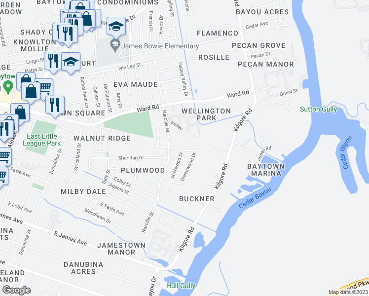 map of restaurants, bars, coffee shops, grocery stores, and more near 2302 Buchanan Drive in Baytown
