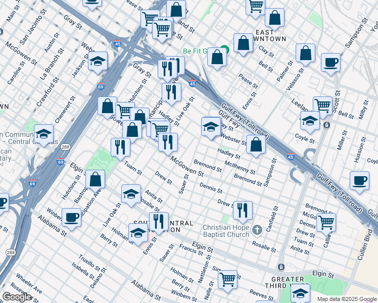 map of restaurants, bars, coffee shops, grocery stores, and more near 2420 Delano Street in Houston