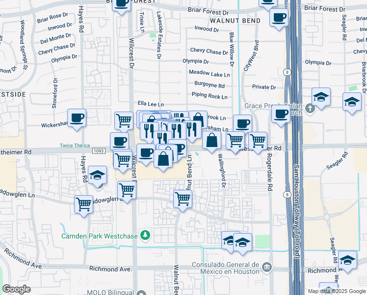 map of restaurants, bars, coffee shops, grocery stores, and more near 10826 Westheimer Road in Houston