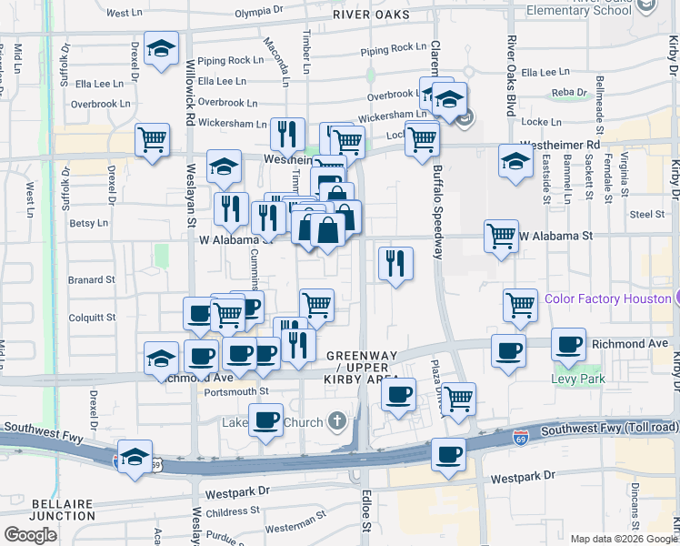 map of restaurants, bars, coffee shops, grocery stores, and more near 3034 Alabama Court in Houston