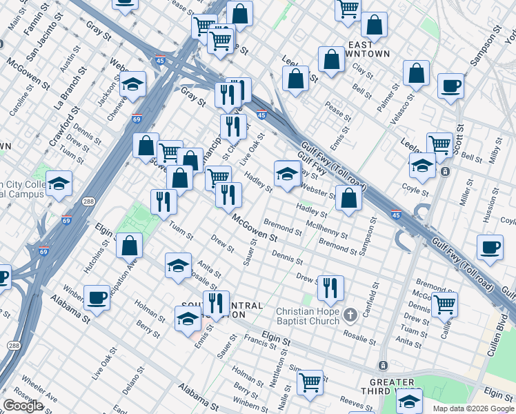 map of restaurants, bars, coffee shops, grocery stores, and more near 2420 Delano Street in Houston