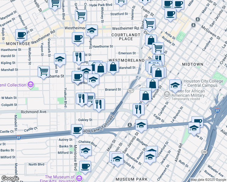map of restaurants, bars, coffee shops, grocery stores, and more near 414 Branard Street in Houston