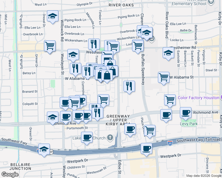 map of restaurants, bars, coffee shops, grocery stores, and more near 3034 Alabama Court in Houston
