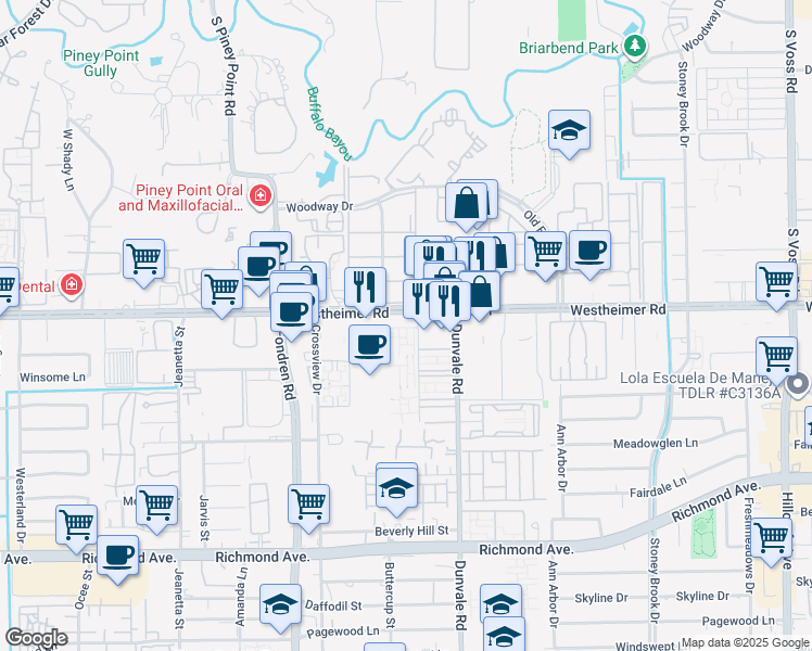 map of restaurants, bars, coffee shops, grocery stores, and more near 8550 Farm to Market 1093 in Houston