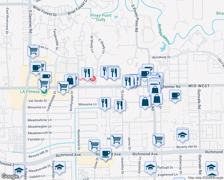 map of restaurants, bars, coffee shops, grocery stores, and more near 9292 Westheimer Road in Houston