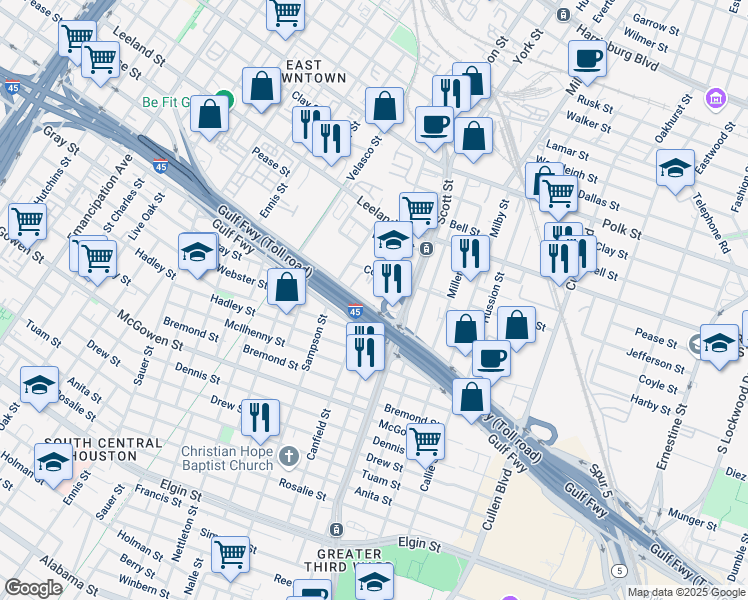 map of restaurants, bars, coffee shops, grocery stores, and more near 3407 Gulf Freeway in Houston