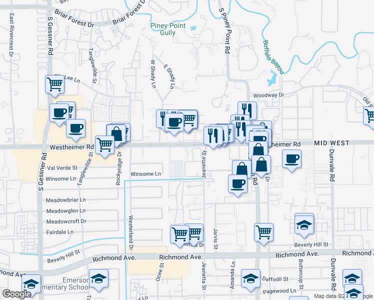 map of restaurants, bars, coffee shops, grocery stores, and more near 9235 Westheimer Road in Houston