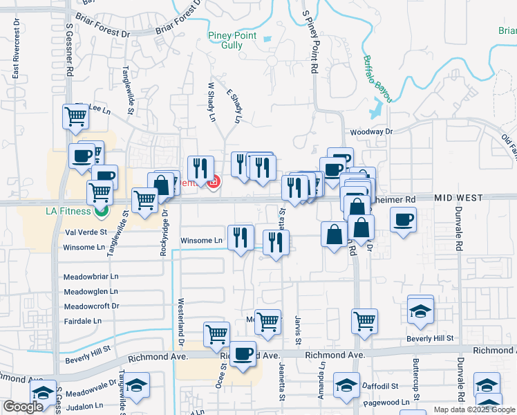 map of restaurants, bars, coffee shops, grocery stores, and more near 9235 Westheimer Road in Houston