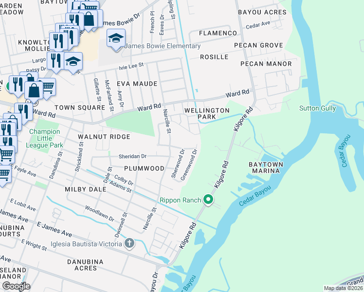 map of restaurants, bars, coffee shops, grocery stores, and more near 2314 Buchanan Drive in Baytown