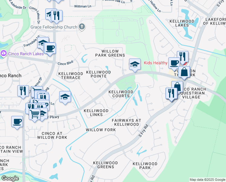 map of restaurants, bars, coffee shops, grocery stores, and more near Kelliwood Court Circle in Cinco Ranch