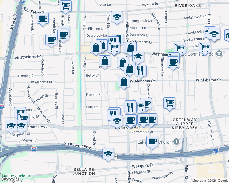 map of restaurants, bars, coffee shops, grocery stores, and more near 3939 West Alabama Street in Houston
