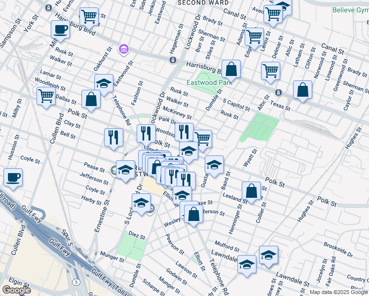 map of restaurants, bars, coffee shops, grocery stores, and more near 1103 Dumble Street in Houston