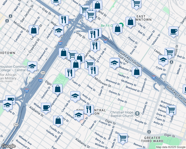 map of restaurants, bars, coffee shops, grocery stores, and more near 2610 McIlhenny Street in Houston