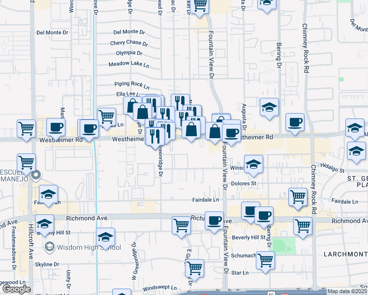 map of restaurants, bars, coffee shops, grocery stores, and more near 6011-6031 Westheimer Road in Houston