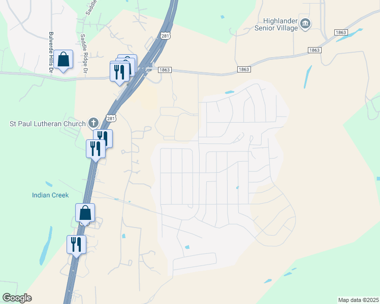 map of restaurants, bars, coffee shops, grocery stores, and more near 29706 Spring Copper in Bulverde
