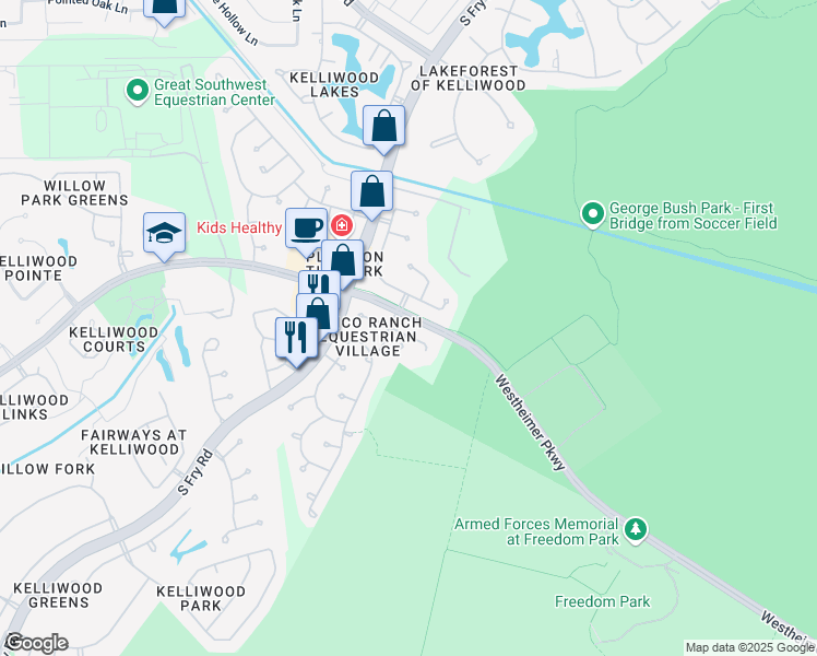 map of restaurants, bars, coffee shops, grocery stores, and more near 20415 Nellie Gail Trail Lane in Katy