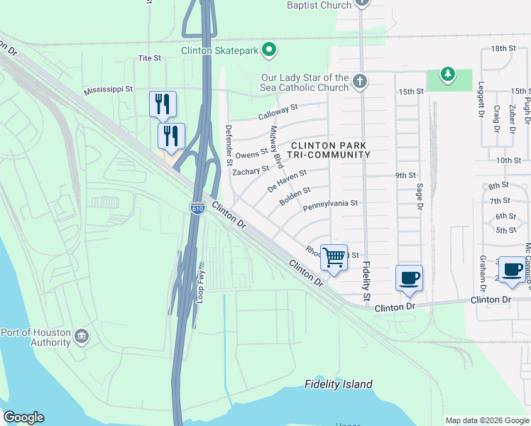 map of restaurants, bars, coffee shops, grocery stores, and more near 101 De Haven Street in Houston