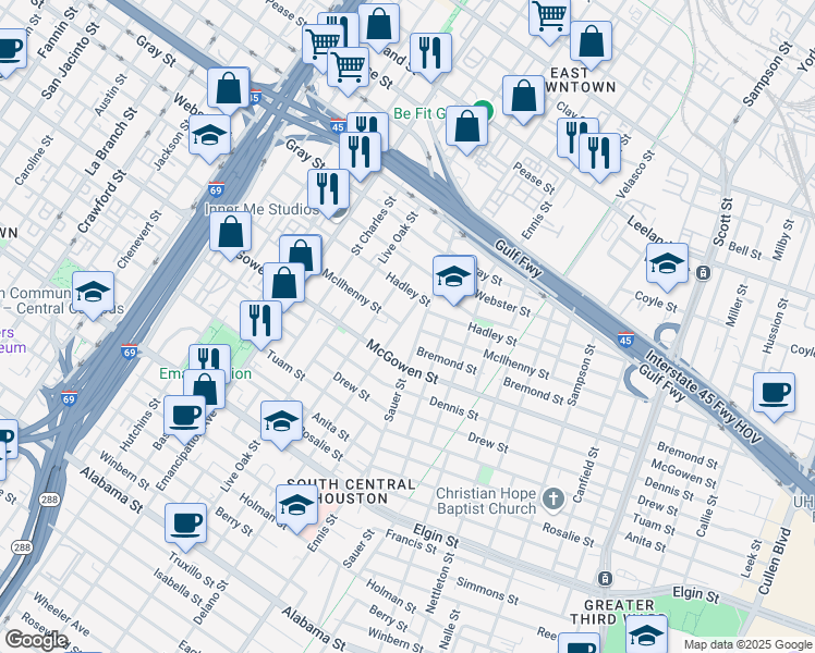 map of restaurants, bars, coffee shops, grocery stores, and more near 2420 Delano Street in Houston