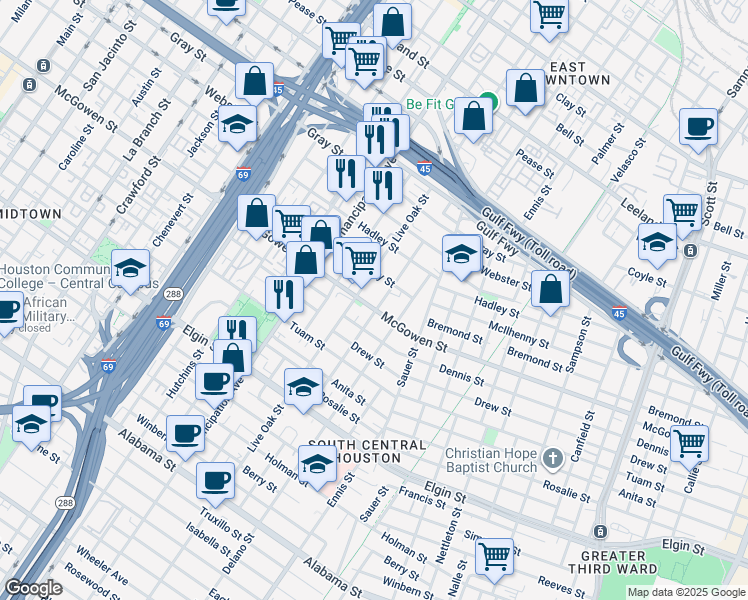 map of restaurants, bars, coffee shops, grocery stores, and more near 2610 McIlhenny Street in Houston