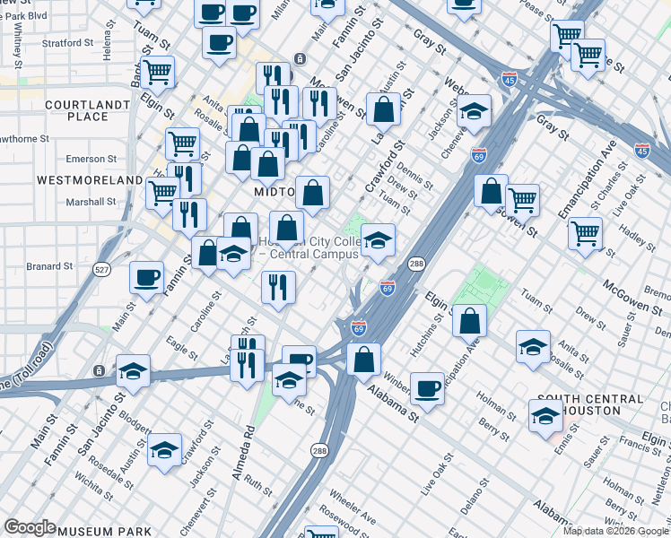 map of restaurants, bars, coffee shops, grocery stores, and more near 1629 Stuart Street in Houston