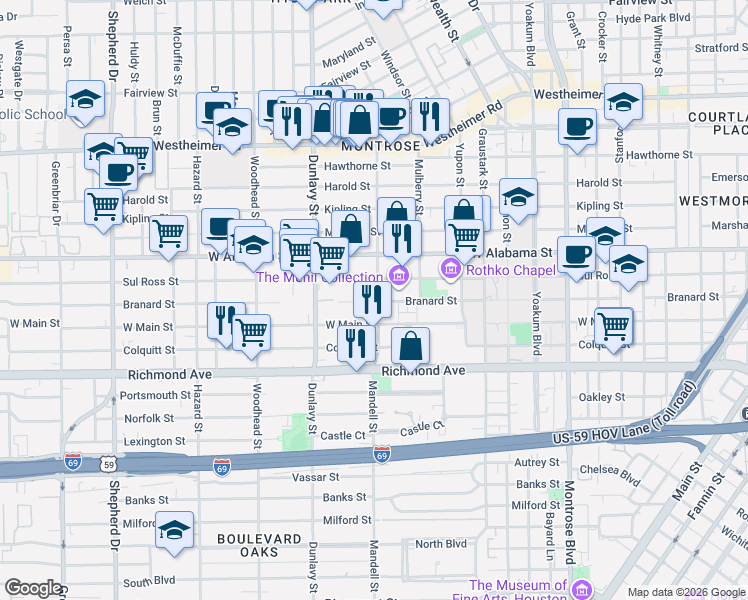 map of restaurants, bars, coffee shops, grocery stores, and more near 1615 Sul Ross Street in Houston