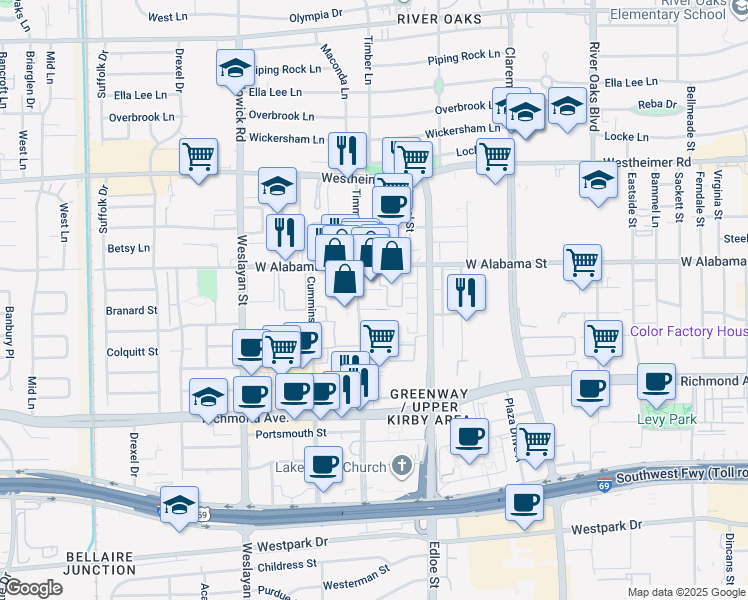map of restaurants, bars, coffee shops, grocery stores, and more near 3637 West Alabama Street in Houston
