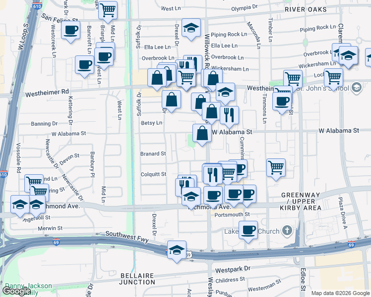 map of restaurants, bars, coffee shops, grocery stores, and more near 3924 West Alabama Street in Houston