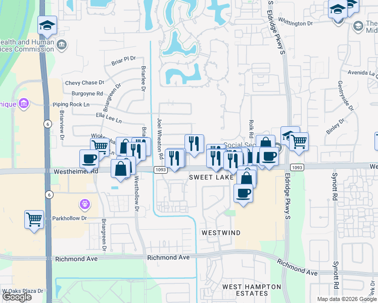 map of restaurants, bars, coffee shops, grocery stores, and more near 13722 Wickersham Lane in Houston