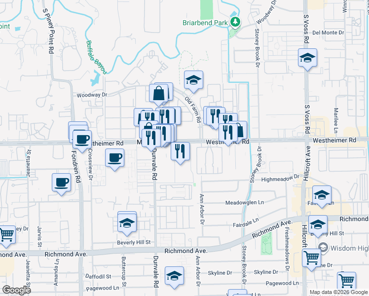 map of restaurants, bars, coffee shops, grocery stores, and more near in Houston