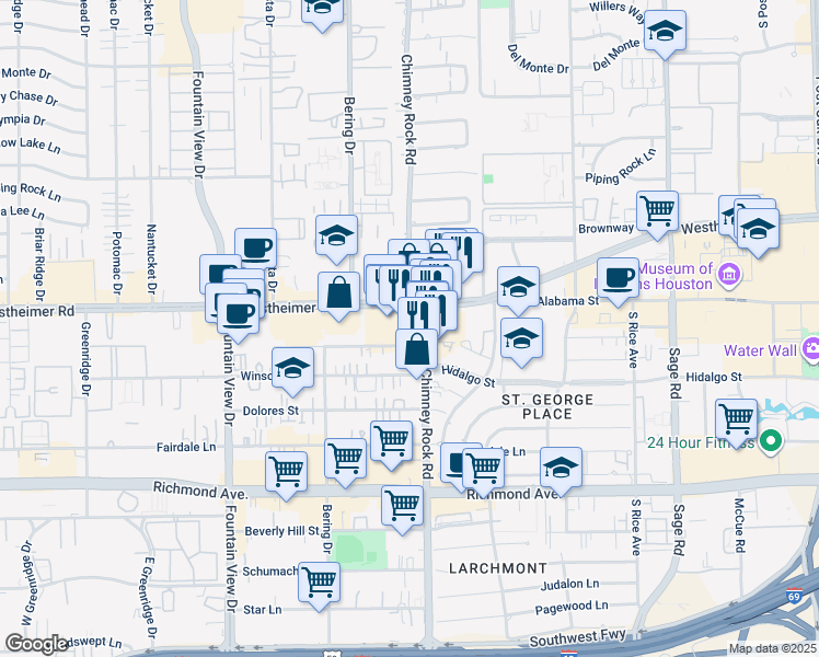 map of restaurants, bars, coffee shops, grocery stores, and more near 5727 Westheimer Road in Houston
