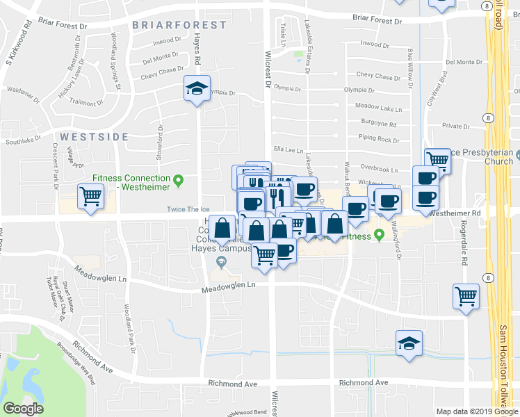 map of restaurants, bars, coffee shops, grocery stores, and more near 11148 Westheimer Rd in Houston
