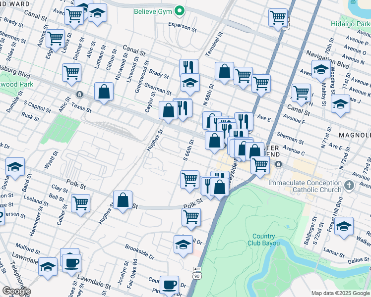 map of restaurants, bars, coffee shops, grocery stores, and more near 222 South 66th Street in Houston