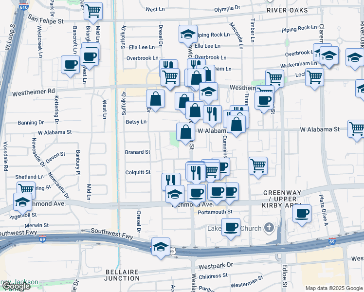 map of restaurants, bars, coffee shops, grocery stores, and more near 3000 Weslayan Street in Houston