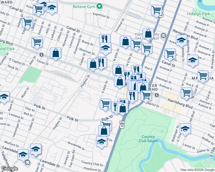 map of restaurants, bars, coffee shops, grocery stores, and more near 6601 Texas Street in Houston