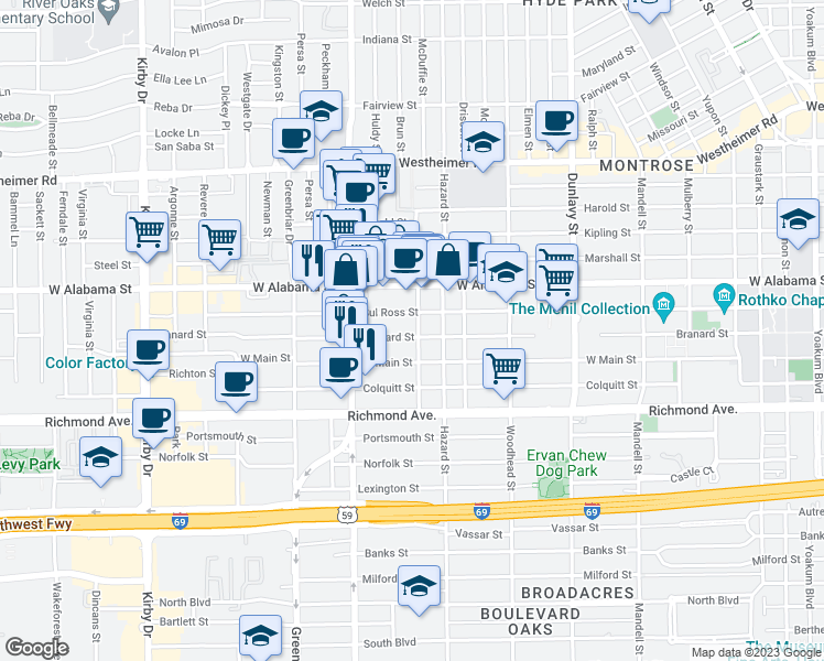 map of restaurants, bars, coffee shops, grocery stores, and more near 2021 Sul Ross Street in Houston