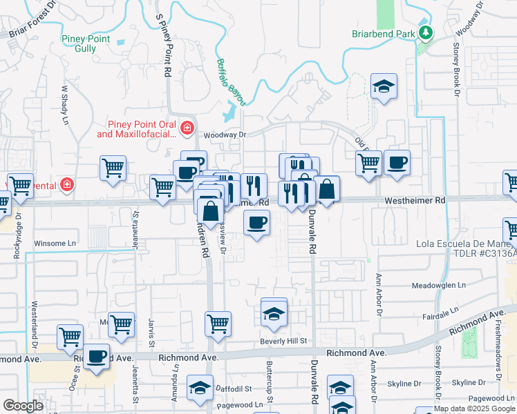 map of restaurants, bars, coffee shops, grocery stores, and more near 8607 Westheimer Rd in Houston