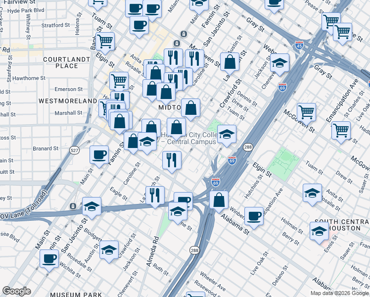 map of restaurants, bars, coffee shops, grocery stores, and more near 3318 Crawford Street in Houston
