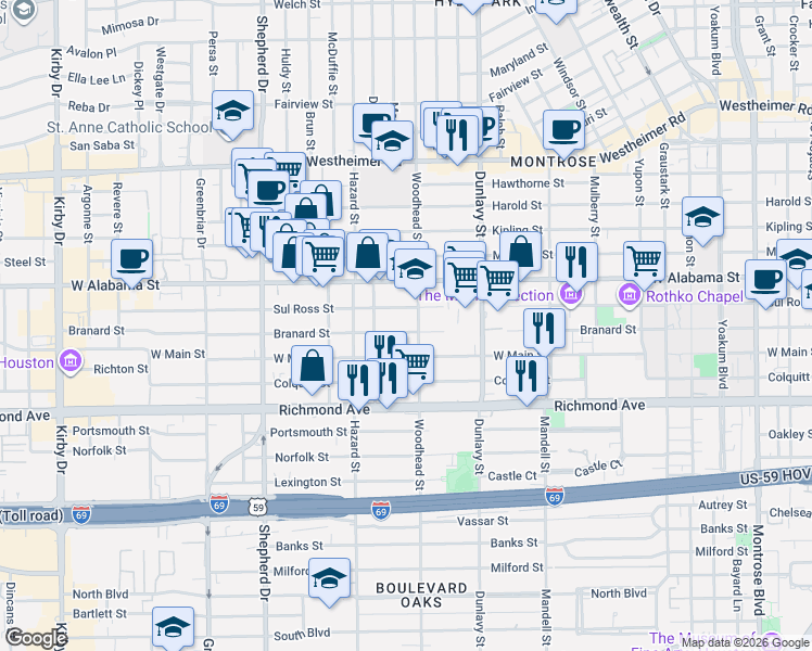 map of restaurants, bars, coffee shops, grocery stores, and more near 1755 Sul Ross Street in Houston